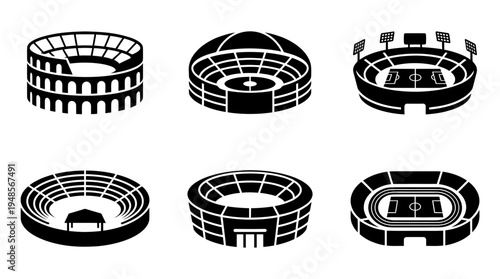 collection of minimalist black vector icons depicting an arena p  17799, 6 filled black minimal icon vector set , white background , PNG and SVG isolate