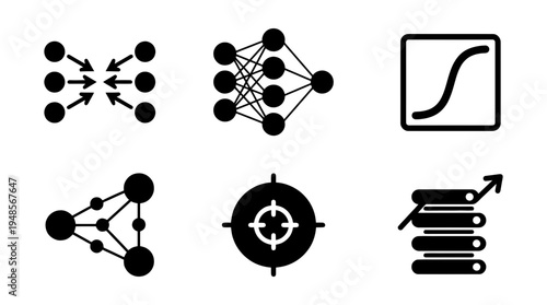 collection of neural network, 6 filled black minimal icon vector set , white background , PNG and SVG isolate