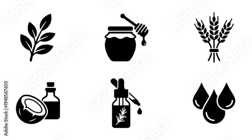 collection of natural product, 6 filled black minimal icon vector set , white background , PNG and SVG isolate