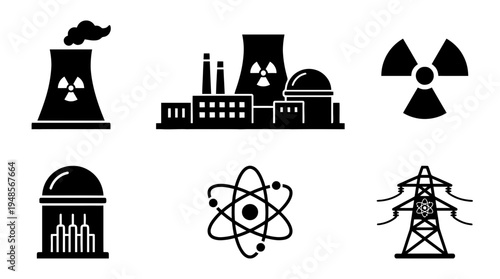 collection of nuclear power plant, 6 filled black minimal icon vector set , white background , PNG and SVG isolate