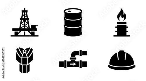 collection of oil rig, 6 filled black minimal icon vector set , white background , PNG and SVG isolate