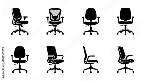 collection of office chair, 6 filled black minimal icon vector set , white background , PNG and SVG isolate