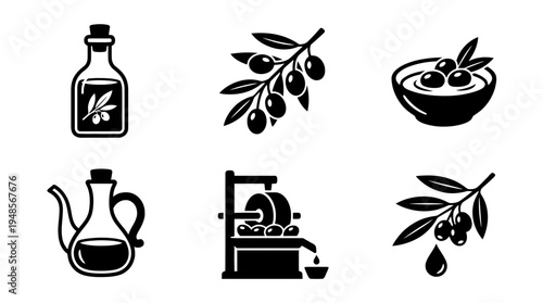collection of olive oil, 6 filled black minimal icon vector set , white background , PNG and SVG isolate