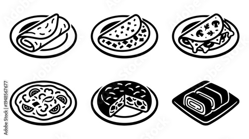 collection of omelette, 6 filled black minimal icon vector set , white background , PNG and SVG isolate