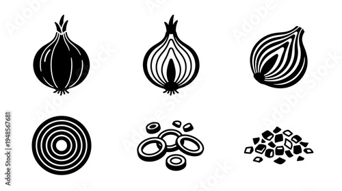 collection of onion, 6 filled black minimal icon vector set , white background , PNG and SVG isolate