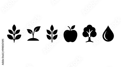 collection of organic sign, 6 filled black minimal icon vector set , white background , PNG and SVG isolate