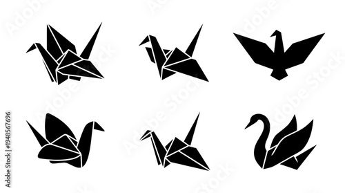 collection of origami crane, 6 filled black minimal icon vector set , white background , PNG and SVG isolate