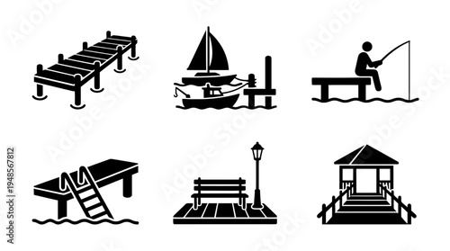 collection of pier, 6 filled black minimal icon vector set , white background , PNG and SVG isolate