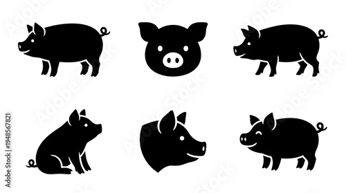 collection of pig, 6 filled black minimal icon vector set , white background , PNG and SVG isolate