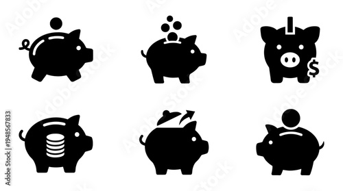 collection of piggy bank, 6 filled black minimal icon vector set , white background , PNG and SVG isolate