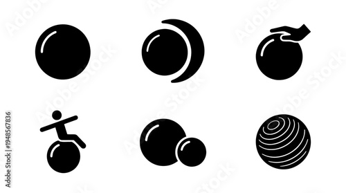 collection of pilates ball, 6 filled black minimal icon vector set , white background , PNG and SVG isolate