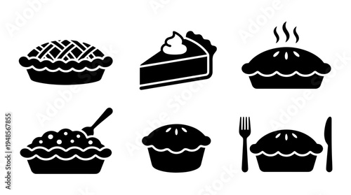 collection of pie, 6 filled black minimal icon vector set , white background , PNG and SVG isolate