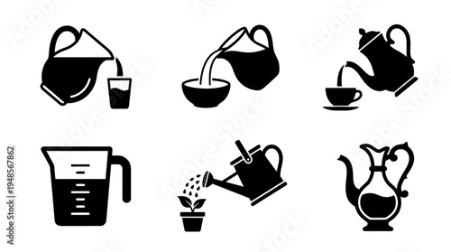 collection of pitcher, 6 filled black minimal icon vector set , white background , PNG and SVG isolate