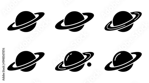collection of planet saturn, 6 filled black minimal icon vector set , white background , PNG and SVG isolate
