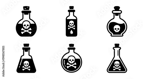 collection of poison flask, 6 filled black minimal icon vector set , white background , PNG and SVG isolate