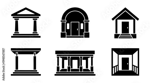 collection of portico, 6 filled black minimal icon vector set , white background , PNG and SVG isolate