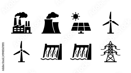 collection of power plant, 6 filled black minimal icon vector set , white background , PNG and SVG isolate