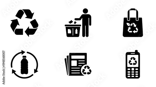 collection of recycle, 6 filled black minimal icon vector set , white background , PNG and SVG isolate