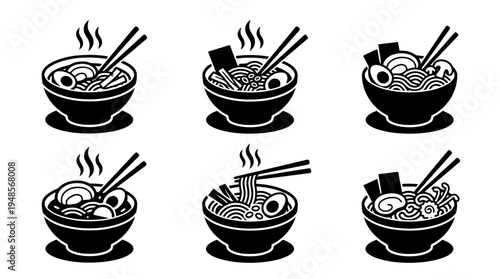collection of ramen bowl, 6 filled black minimal icon vector set , white background , PNG and SVG isolate