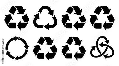 collection of recycle symbol, 6 filled black minimal icon vector set , white background , PNG and SVG isolate