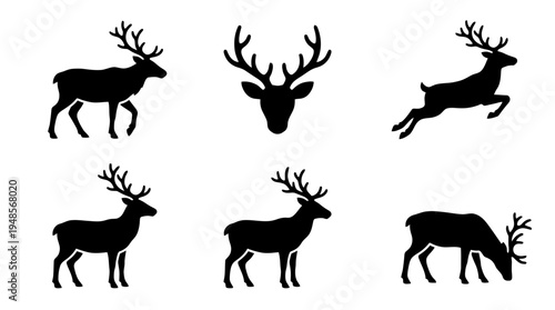 collection of reindeer, 6 filled black minimal icon vector set , white background , PNG and SVG isolate