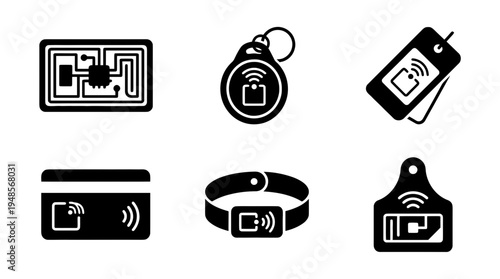 collection of rfid tag, 6 filled black minimal icon vector set , white background , PNG and SVG isolate