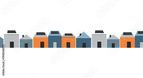 Minimalist Row of Eco-Friendly Houses with Solar Panels, Sustainable Energy Neighborhood Flat Illustration