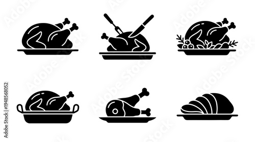 collection of roast turkey, 6 filled black minimal icon vector set , white background , PNG and SVG isolate