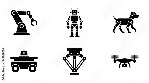 collection of robotics, 6 filled black minimal icon vector set , white background , PNG and SVG isolate