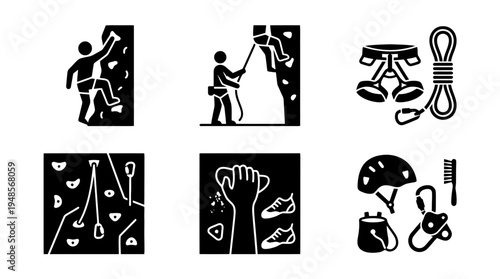 collection of rock climbing wall, 6 filled black minimal icon vector set , white background , PNG and SVG isolate