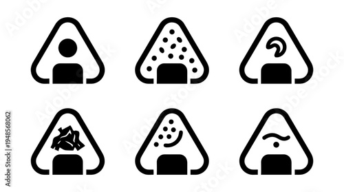 collection of rice ball onigiri, 6 filled black minimal icon vector set , white background , PNG and SVG isolate
