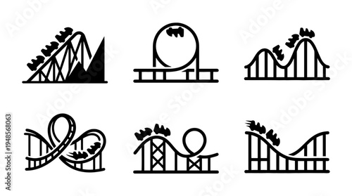 collection of roller coaster, 6 filled black minimal icon vector set , white background , PNG and SVG isolate