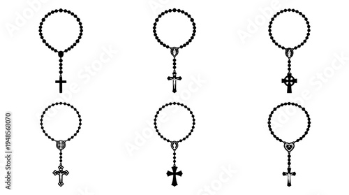 collection of rosary beads, 6 filled black minimal icon vector set , white background , PNG and SVG isolate