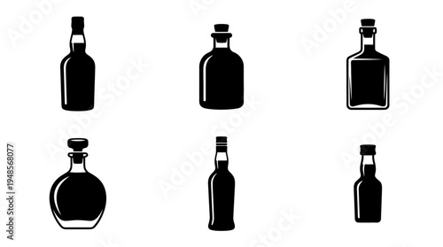 collection of rum bottle, 6 filled black minimal icon vector set , white background , PNG and SVG isolate