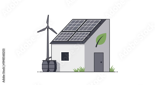 Sustainable Eco-Friendly House Illustration with Solar Panels, Wind Turbine, and Rainwater Harvesting - Minimalist Green Living Concept