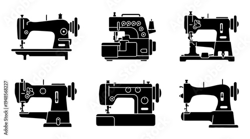 collection of sewing machine industrial, 6 filled black minimal icon vector set , white background , PNG and SVG isolate