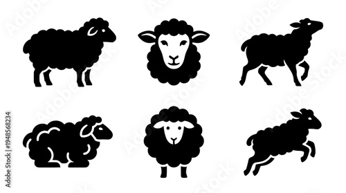 collection of sheep, 6 filled black minimal icon vector set , white background , PNG and SVG isolate