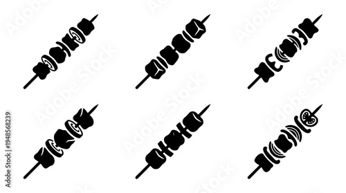 collection of shish kebab, 6 filled black minimal icon vector set , white background , PNG and SVG isolate