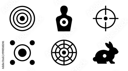collection of shooting target, 6 filled black minimal icon vector set , white background , PNG and SVG isolate