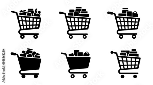 collection of shopping cart, 6 filled black minimal icon vector set , white background , PNG and SVG isolate