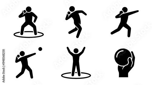 collection of shot put, 6 filled black minimal icon vector set , white background , PNG and SVG isolate