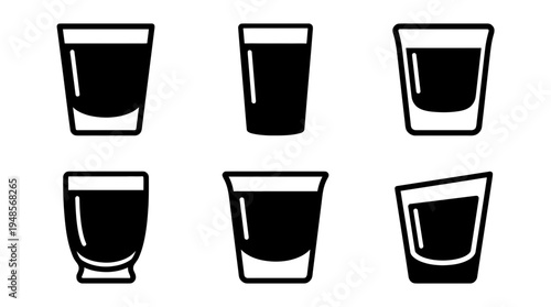 collection of shot glass, 6 filled black minimal icon vector set , white background , PNG and SVG isolate