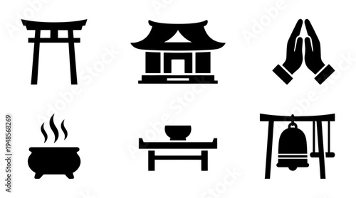 collection of shrine, 6 filled black minimal icon vector set , white background , PNG and SVG isolate