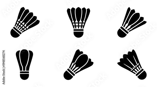 collection of shuttlecock, 6 filled black minimal icon vector set , white background , PNG and SVG isolate
