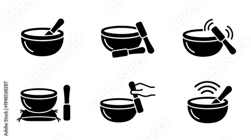 collection of singing bowl, 6 filled black minimal icon vector set , white background , PNG and SVG isolate