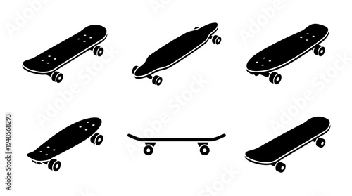 collection of skateboard, 6 filled black minimal icon vector set , white background , PNG and SVG isolate