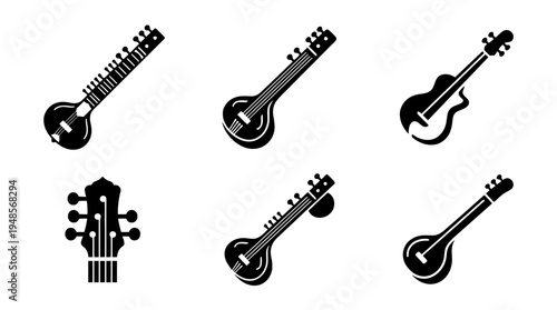 collection of sitar instrument, 6 filled black minimal icon vector set , white background , PNG and SVG isolate