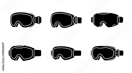 collection of ski goggles, 6 filled black minimal icon vector set , white background , PNG and SVG isolate