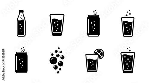 collection of sparkling water, 6 filled black minimal icon vector set , white background , PNG and SVG isolate