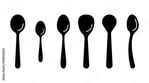 collection of spoon, 6 filled black minimal icon vector set , white background , PNG and SVG isolate